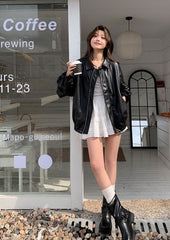 Black Oversized Faux Leather Zip-Up Jacket