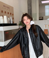Black Oversized Faux Leather Zip-Up Jacket