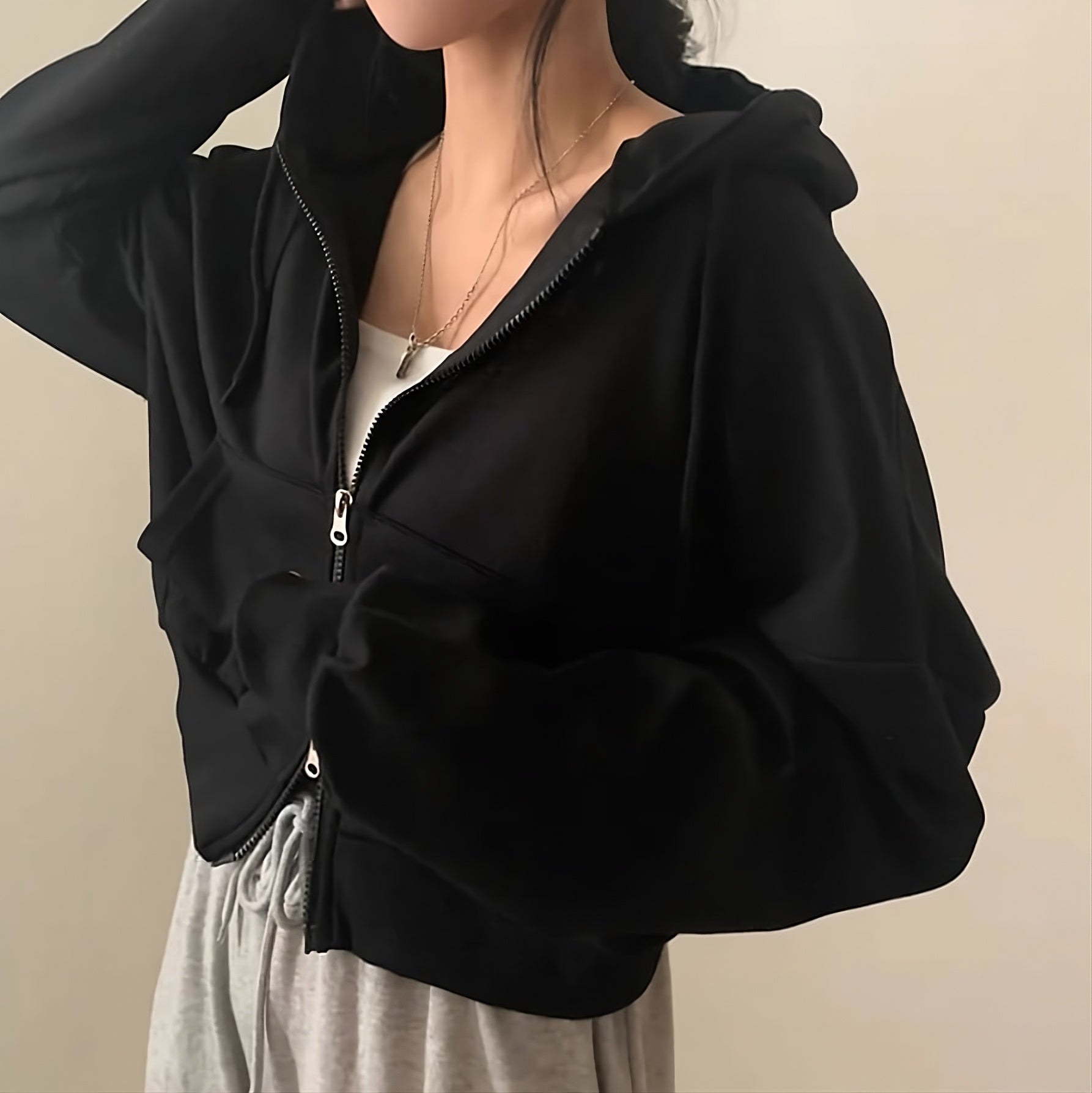 Black Oversized Zipper Hooded Jacket