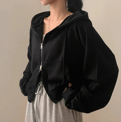 Black Oversized Zipper Hooded Jacket