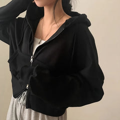 Black Oversized Zipper Hooded Jacket