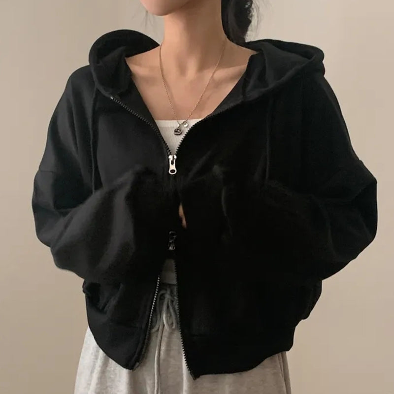 Black Oversized Zipper Hooded Jacket