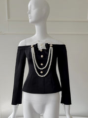 Black Pearl Chain Vintage Off-Shoulder Top