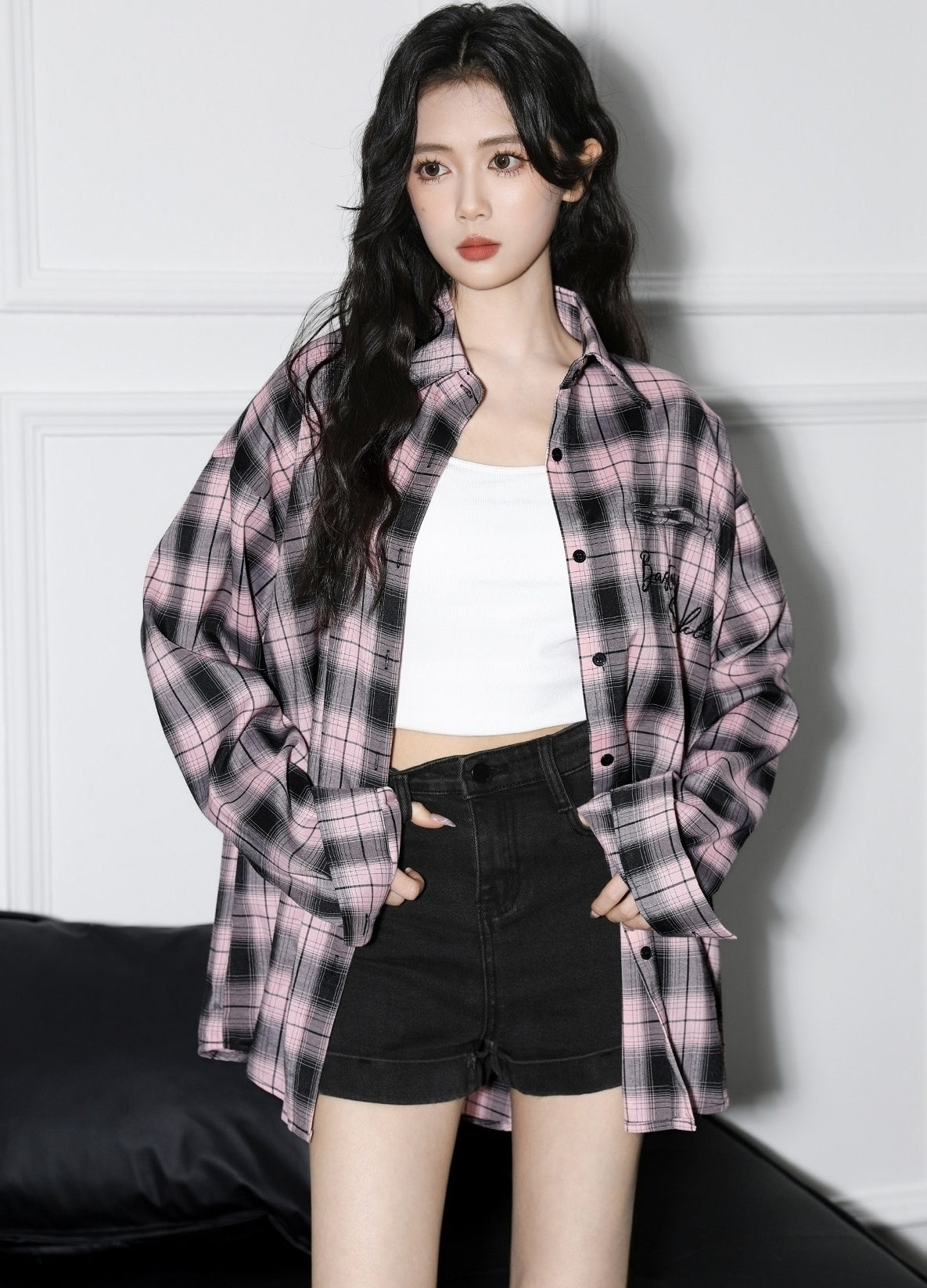 Black Pink Plaid Long Sleeve Shirt Jacket