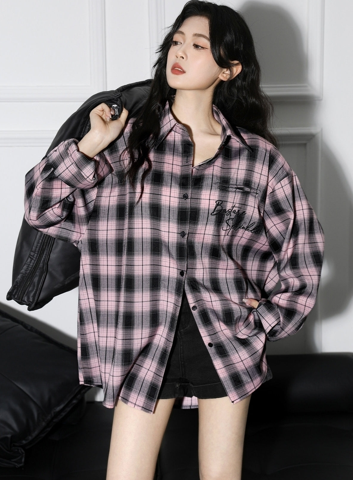 Black Pink Plaid Long Sleeve Shirt Jacket