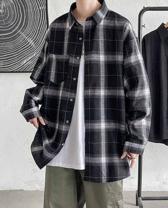Black Plaid Collared Pocket Shirt
