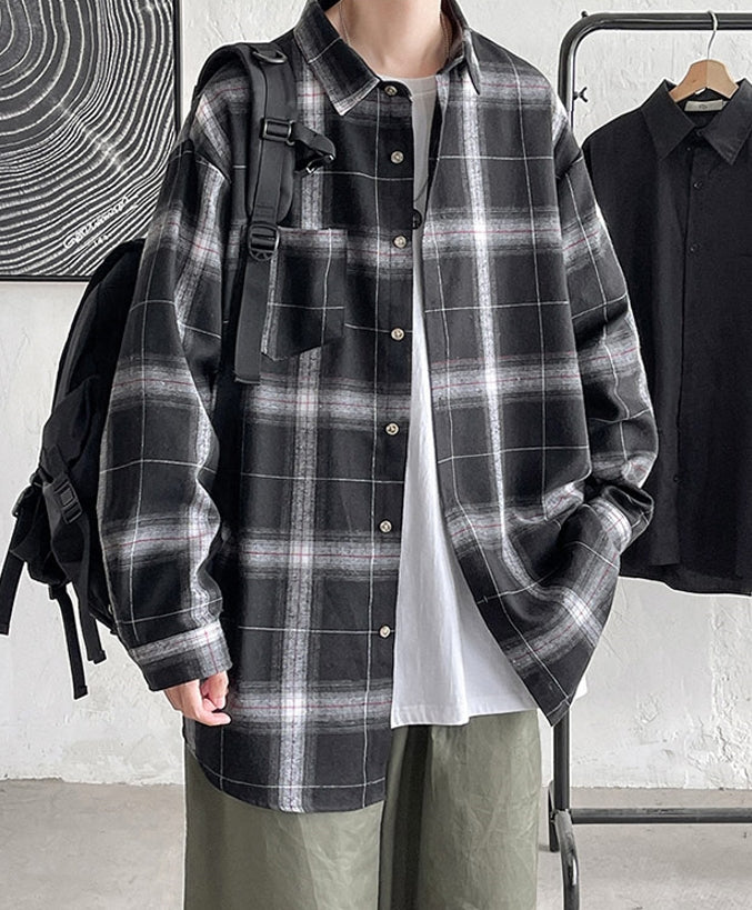 Black Plaid Collared Pocket Shirt