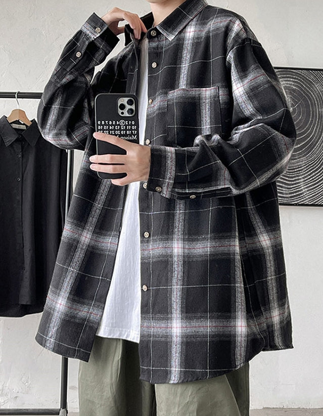 Black Plaid Collared Pocket Shirt