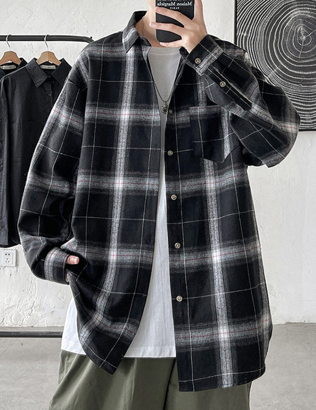 Black Plaid Collared Pocket Shirt