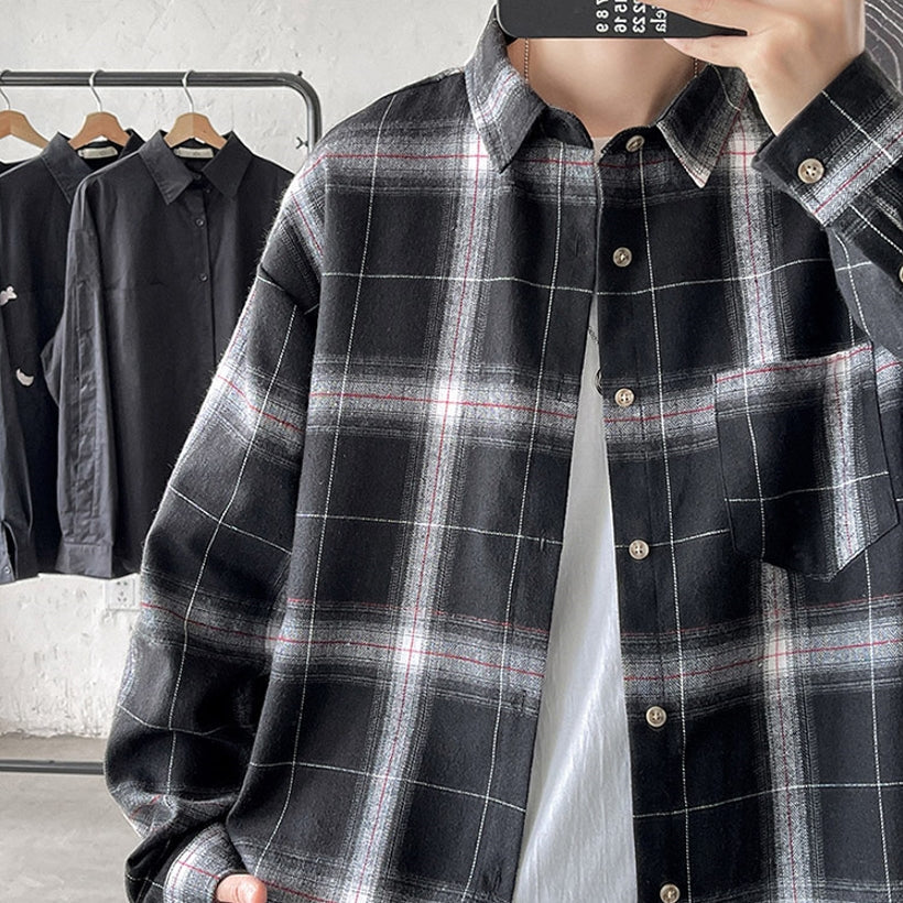 Black Plaid Collared Pocket Shirt