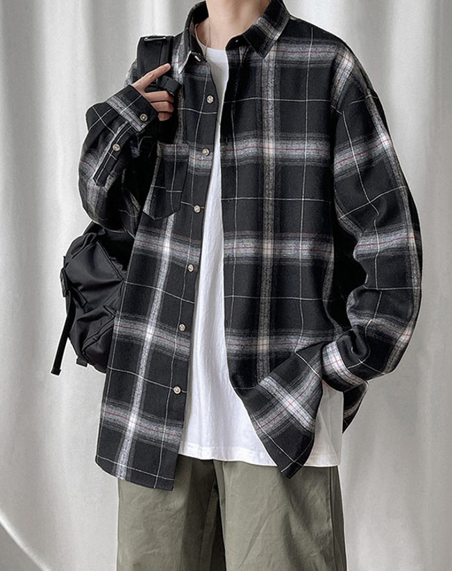 Black Plaid Collared Pocket Shirt