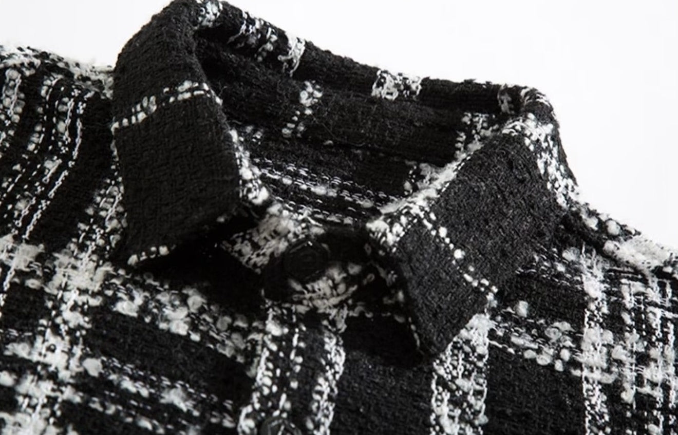 Black Plaid Front Pocket Tweed Jacket