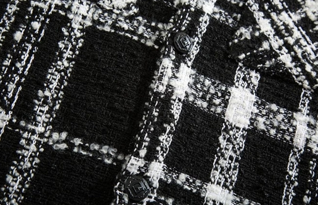 Black Plaid Front Pocket Tweed Jacket