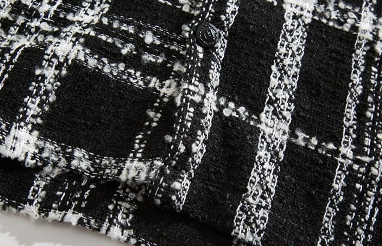 Black Plaid Front Pocket Tweed Jacket