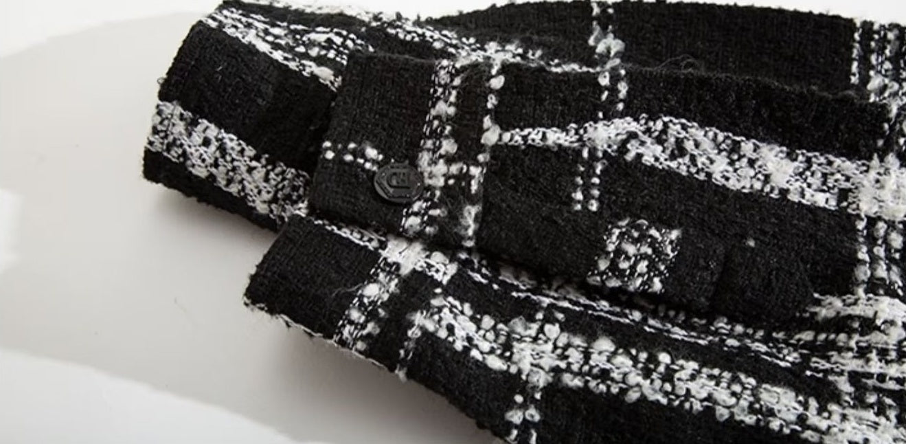 Black Plaid Front Pocket Tweed Jacket