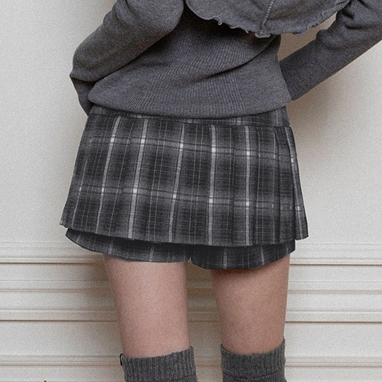 Black Plaid Pleated Skort