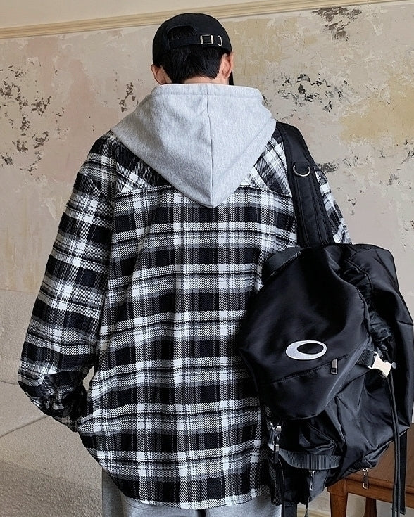 Black Plaid Two-Pieces Illusion Hooded Jacket