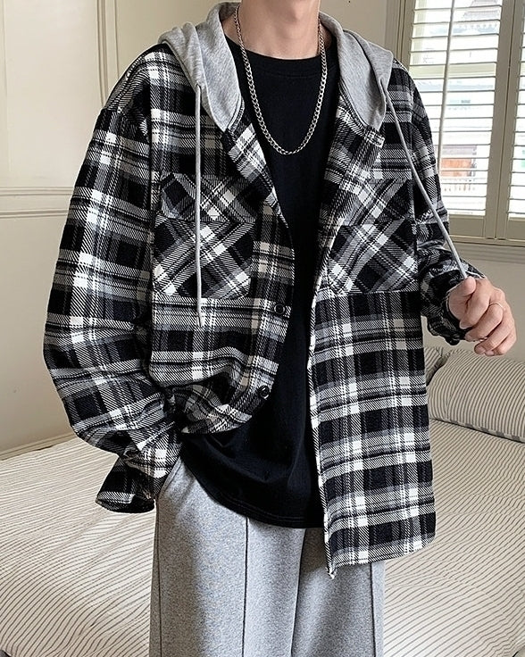 Black Plaid Two-Pieces Illusion Hooded Jacket