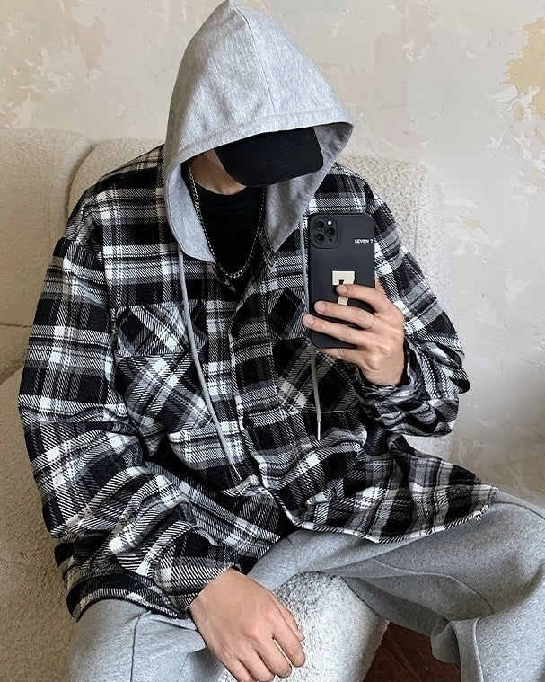 Black Plaid Two-Pieces Illusion Hooded Jacket