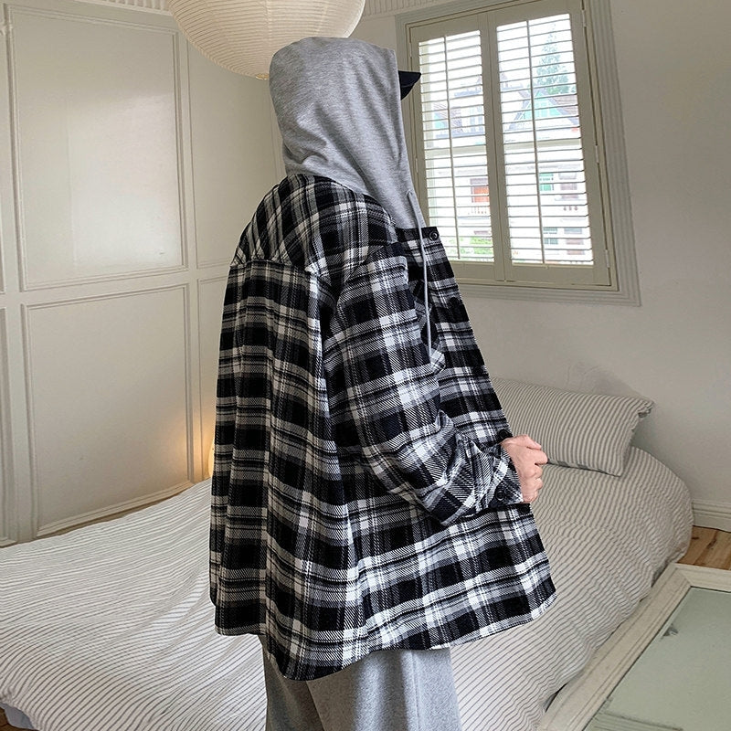 Black Plaid Two-Pieces Illusion Hooded Jacket