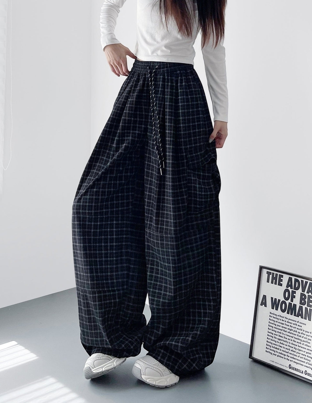 Black Plaid Wide Leg Cargo Pants