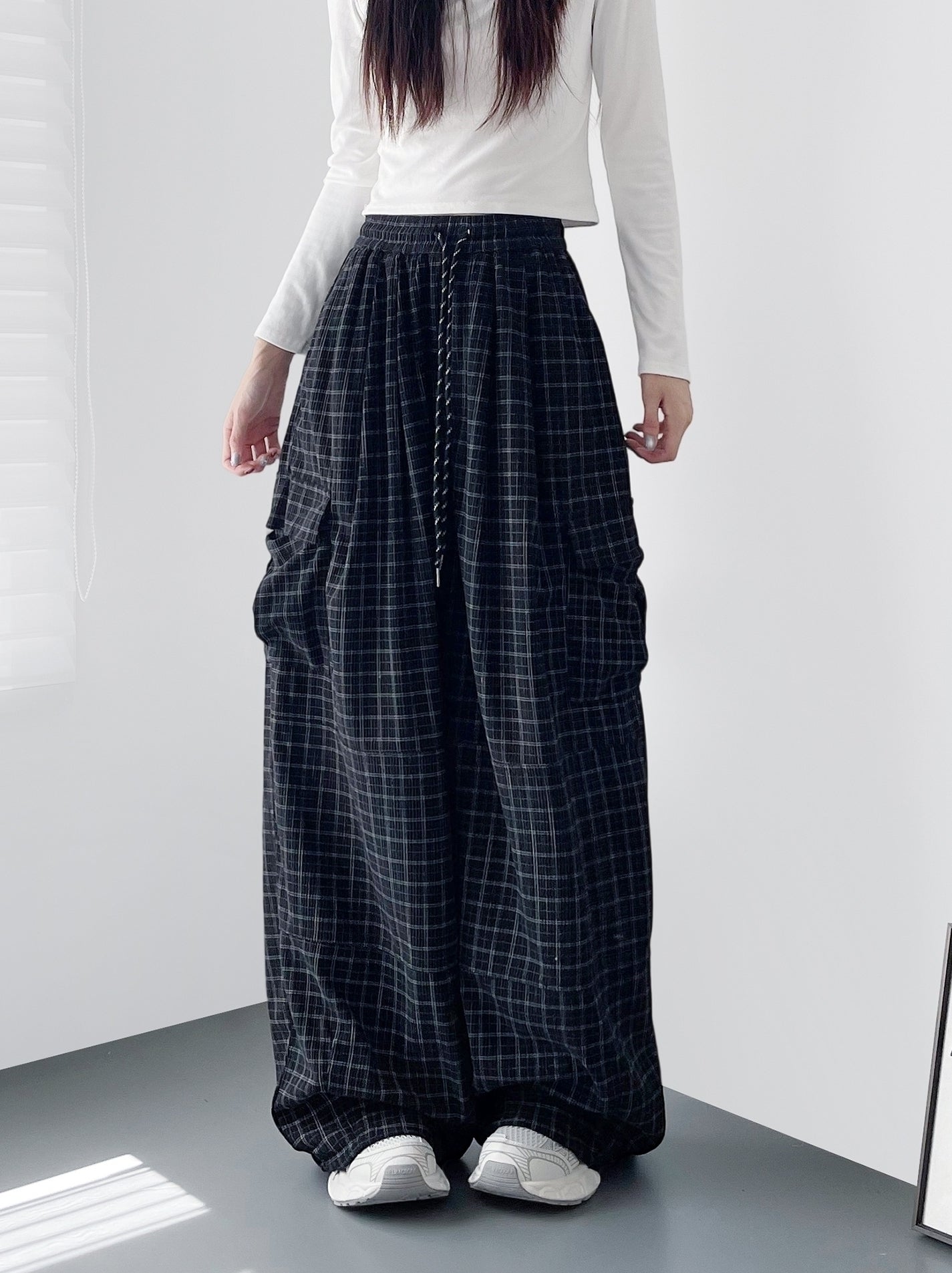 Black Plaid Wide Leg Cargo Pants