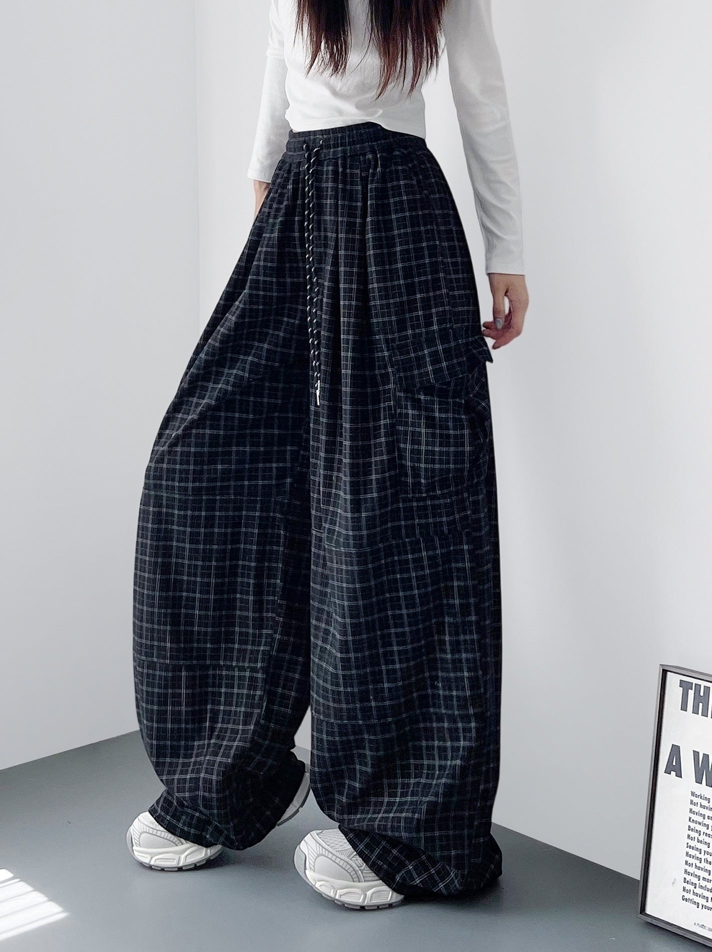 Black Plaid Wide Leg Cargo Pants