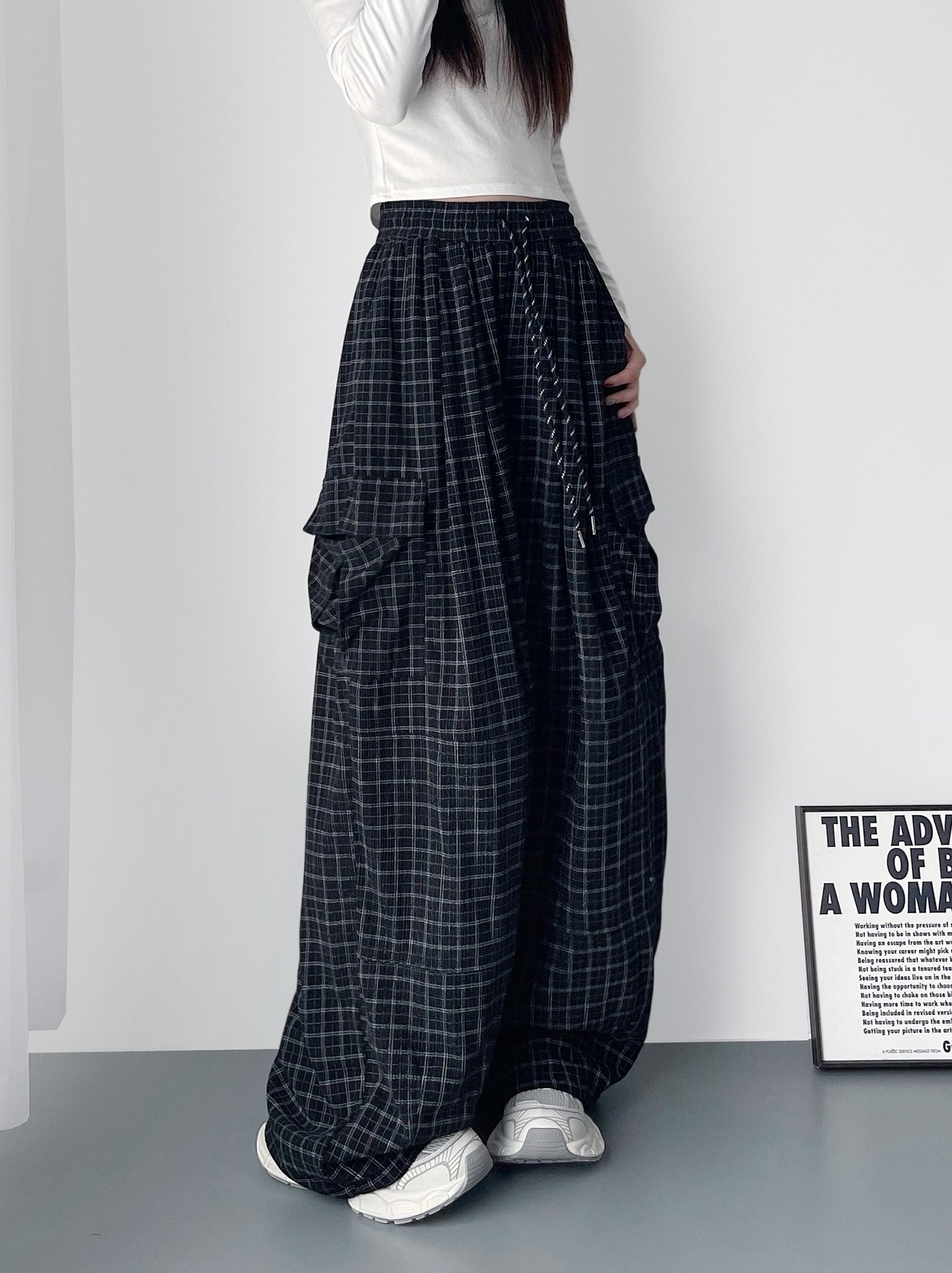 Black Plaid Wide Leg Cargo Pants