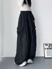 Black Plaid Wide Leg Cargo Pants