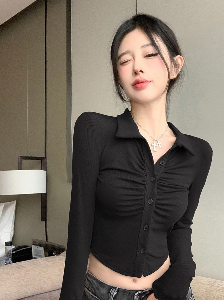 Black Pleated Button-Up Cropped Shirt