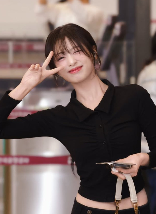 Black Pleated Button-Up Cropped Shirt