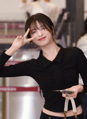 Black Pleated Button-Up Cropped Shirt