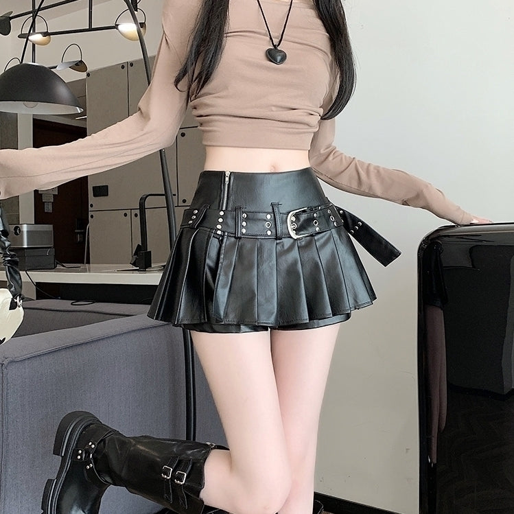 Black Pleated Faux Leather Belted Skort