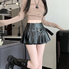Black Pleated Faux Leather Belted Skort