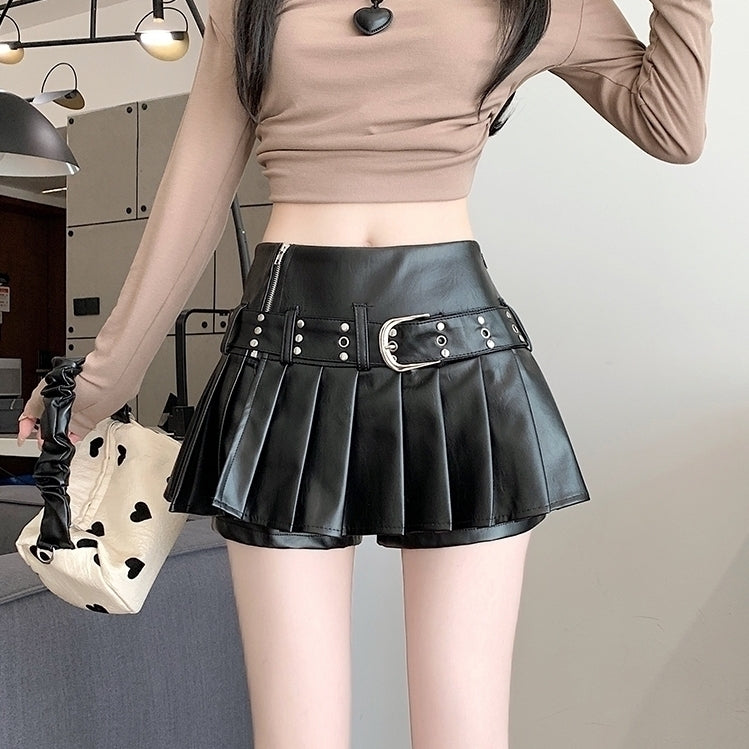 Black Pleated Faux Leather Belted Skort
