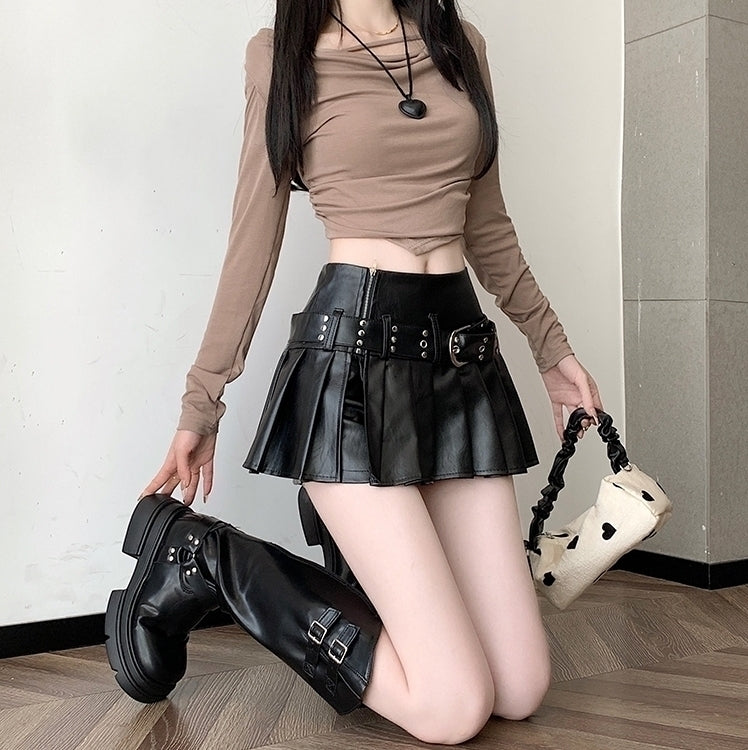 Black Pleated Faux Leather Belted Skort