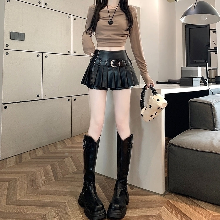 Black Pleated Faux Leather Belted Skort
