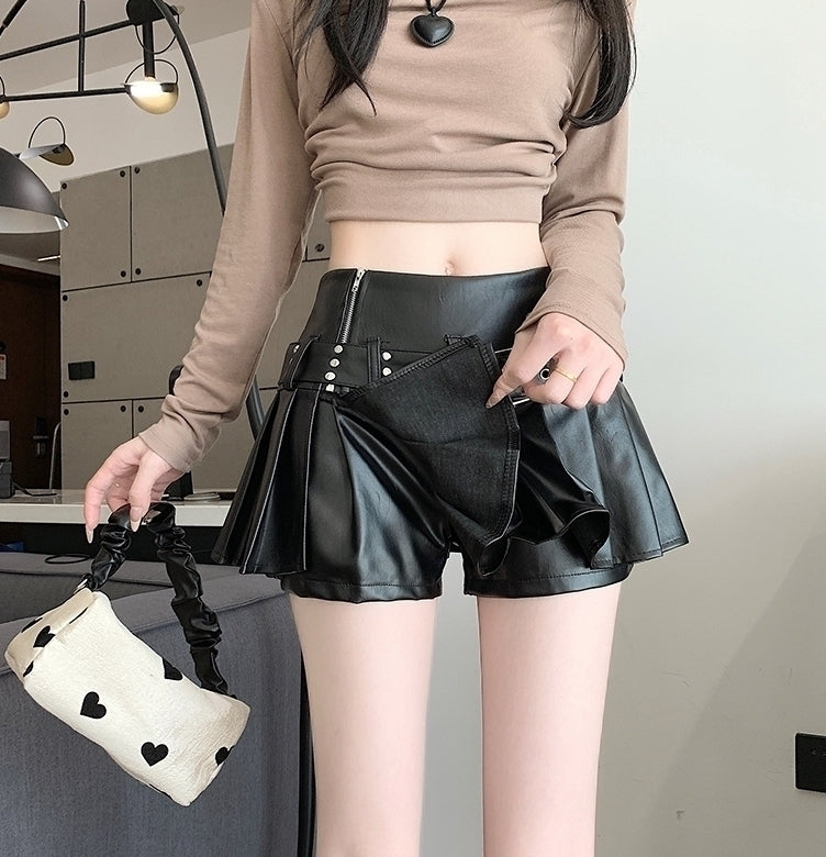 Black Pleated Faux Leather Belted Skort