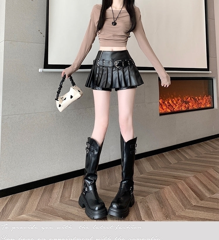 Black Pleated Faux Leather Belted Skort