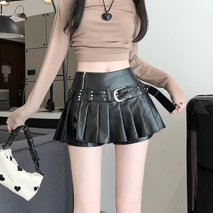 Black Pleated Faux Leather Belted Skort