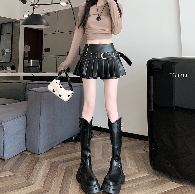 Black Pleated Faux Leather Belted Skort