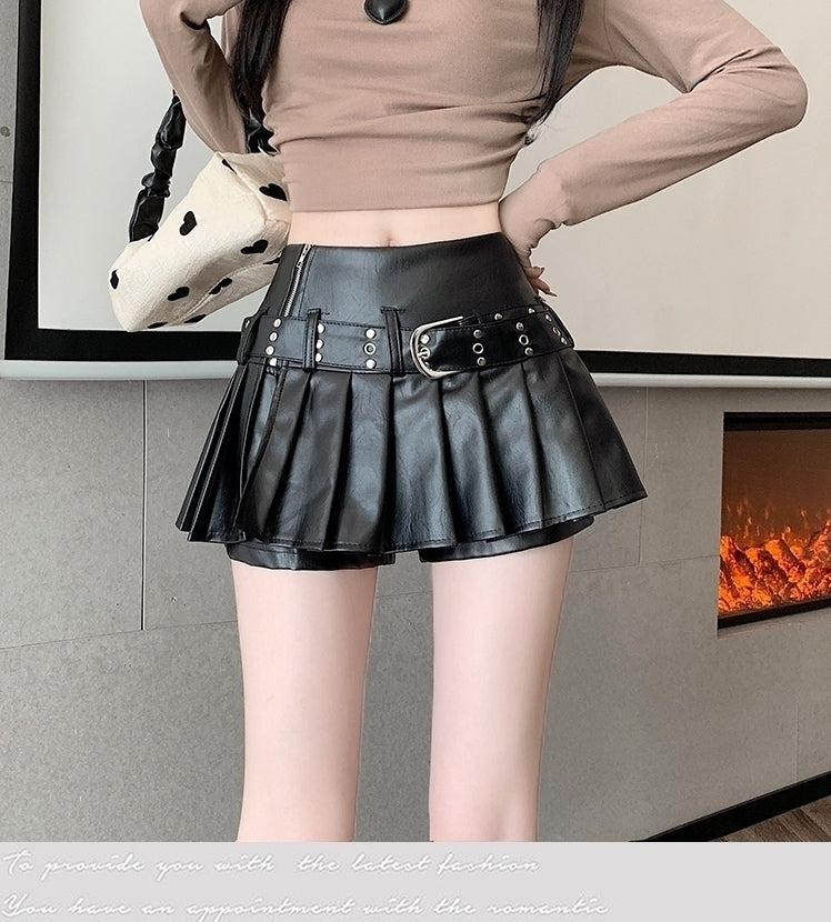 Black Pleated Faux Leather Belted Skort