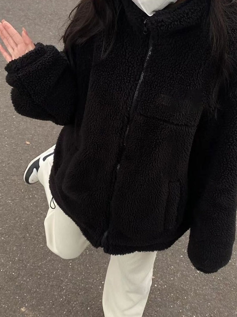 Black Plush Zipper Winter Jacket