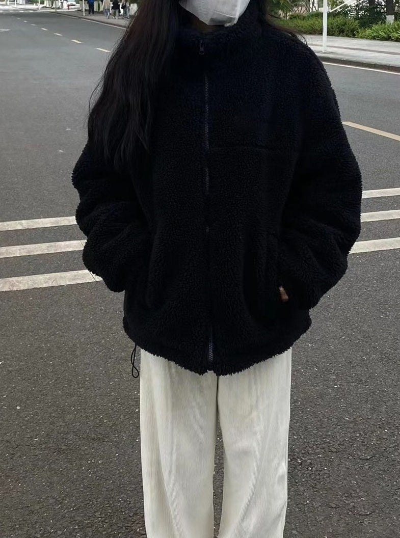Black Plush Zipper Winter Jacket