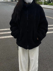 Black Plush Zipper Winter Jacket