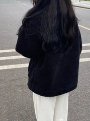Black Plush Zipper Winter Jacket