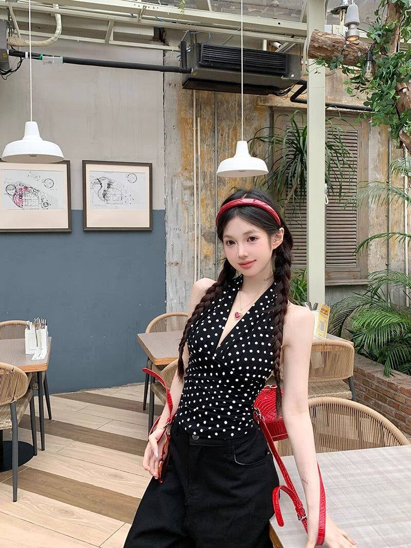 Black Polka Dots Halter Top