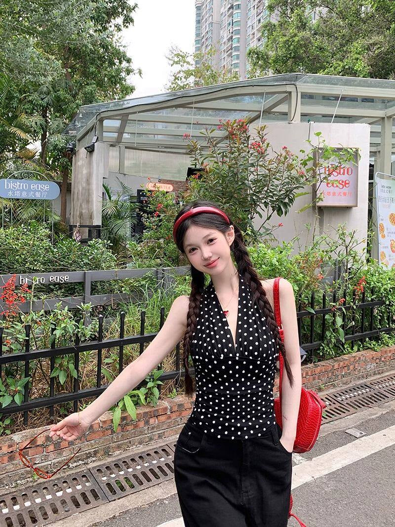 Black Polka Dots Halter Top