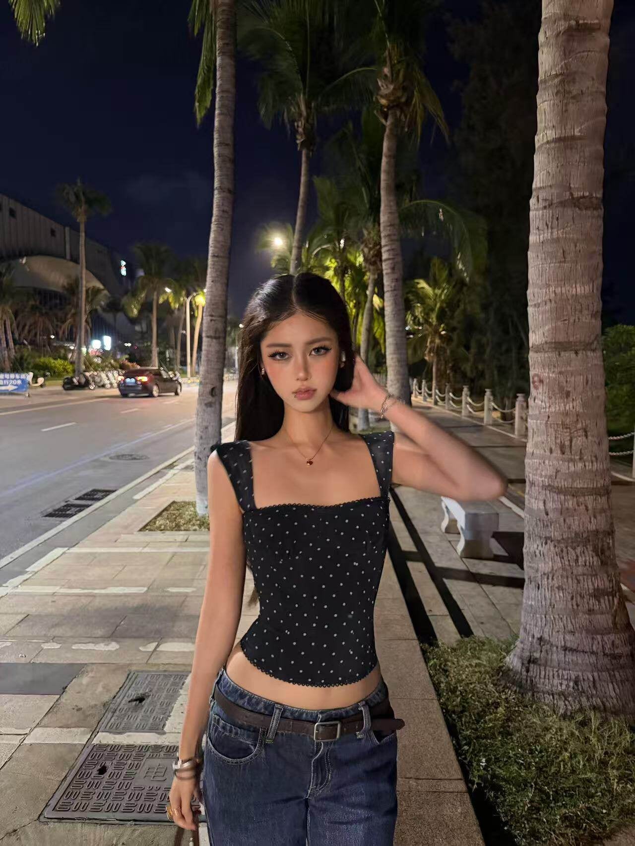 Black Polkadot Sweetheart Neck Top
