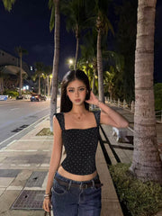 Black Polkadot Sweetheart Neck Top